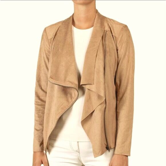 Mote Beige Moto Jacket Drape Collar Full Zip Stretch XXL Edgy Street Fall Layer - Picture 1 of 8